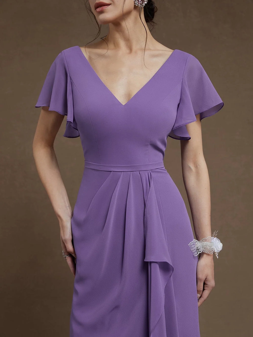 Graceful Stylish Refined Beautiful Elegant Lilac Chiffon A-Line Ruffle Floor-Length Prom Dress