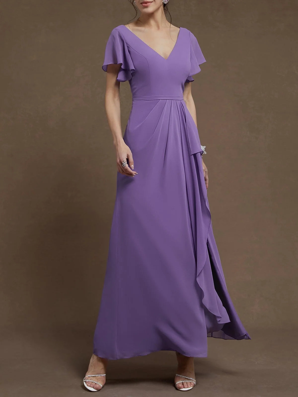Graceful Stylish Refined Beautiful Elegant Lilac Chiffon A-Line Ruffle Floor-Length Prom Dress