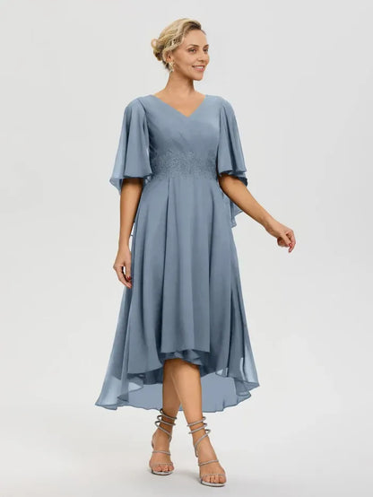 Special Occasion Elegant Dusty Blue Chiffon A-Line Ruffle Mother of the Bride Dress