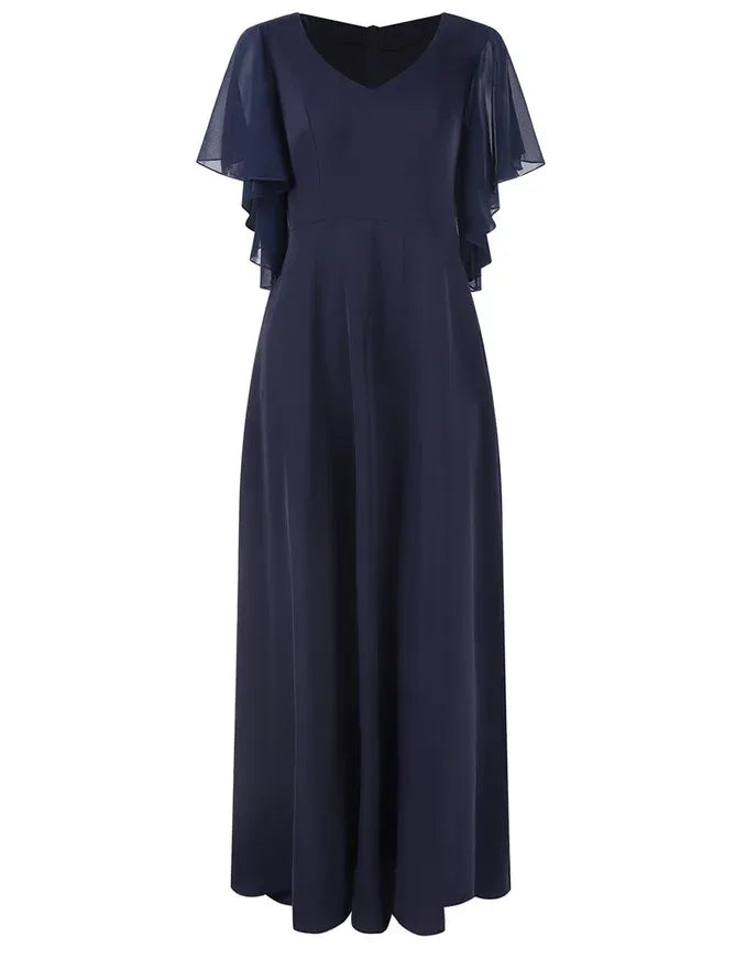 Sophisticated Graceful Elegant Navy Blue Chiffon A-Line Short Sleeve Short Evening Dress