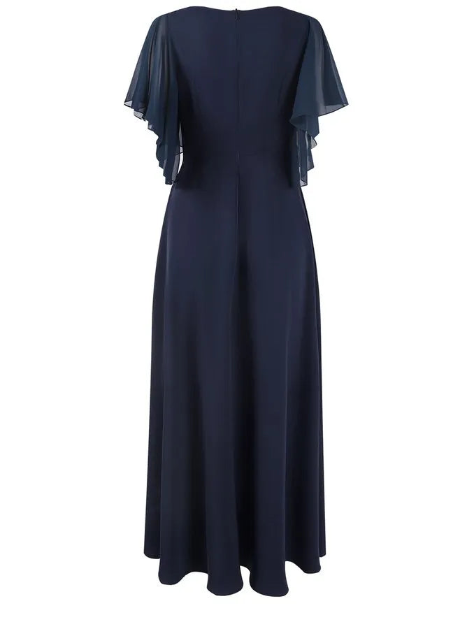 Sophisticated Graceful Elegant Navy Blue Chiffon A-Line Short Sleeve Short Evening Dress