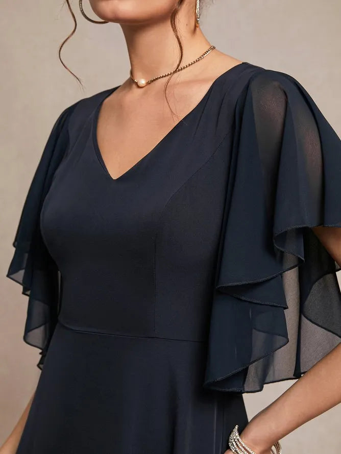 Sophisticated Graceful Elegant Navy Blue Chiffon A-Line Short Sleeve Short Evening Dress