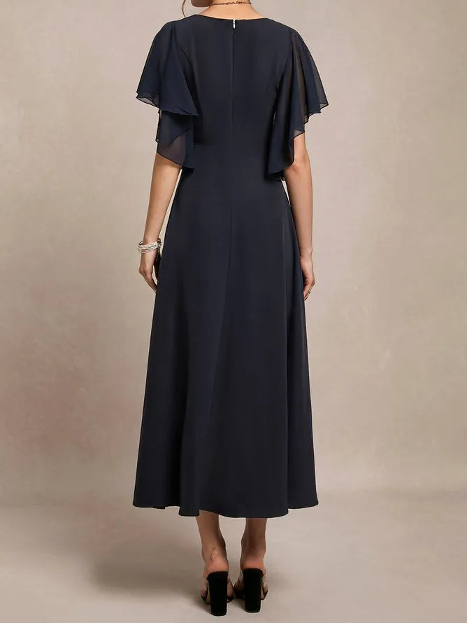 Sophisticated Graceful Elegant Navy Blue Chiffon A-Line Short Sleeve Short Evening Dress