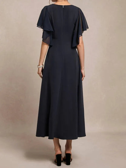 Sophisticated Graceful Elegant Navy Blue Chiffon A-Line Short Sleeve Short Evening Dress