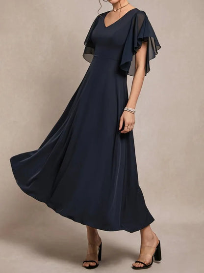 Sophisticated Graceful Elegant Navy Blue Chiffon A-Line Short Sleeve Short Evening Dress