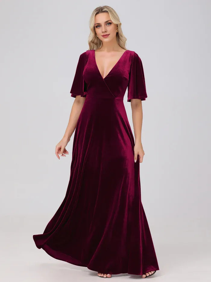 Elegant Burgundy Velvet A-Line Short Sleeve Short Mother of the Bride Dress