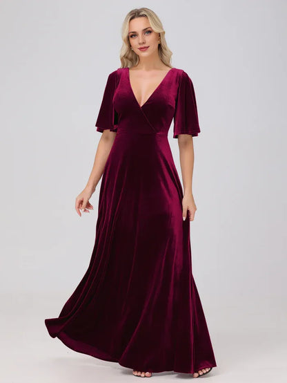 Elegant Burgundy Velvet A-Line Short Sleeve Short Mother of the Bride Dress