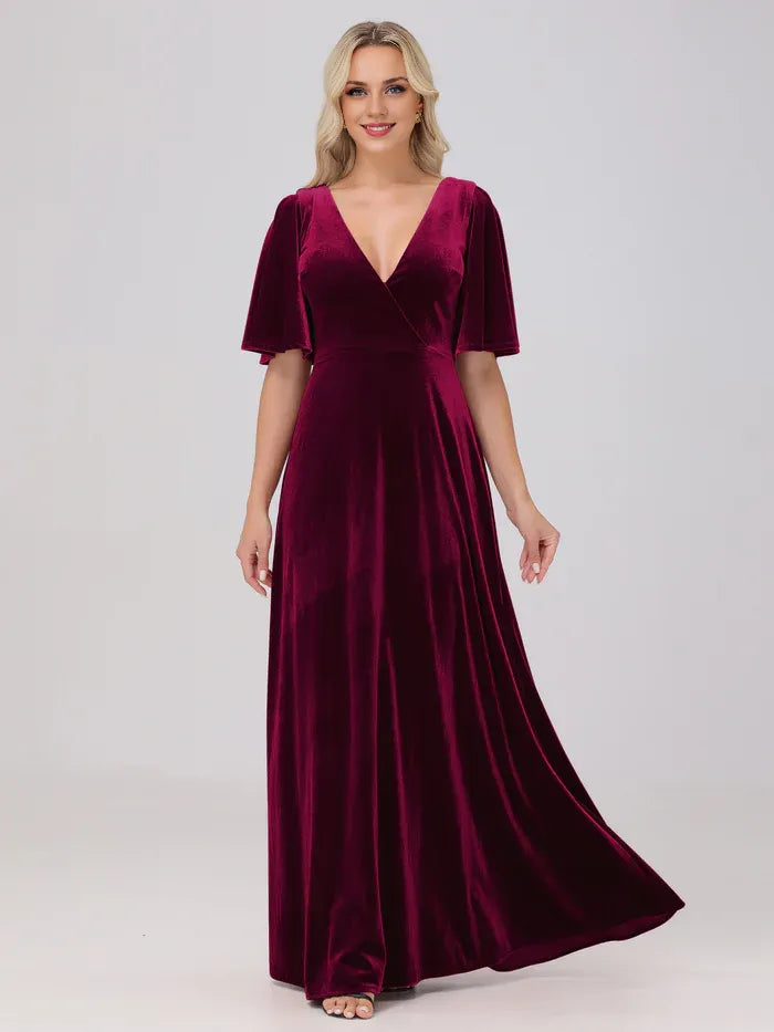 Elegant Burgundy Velvet A-Line Short Sleeve Short Mother of the Bride Dress