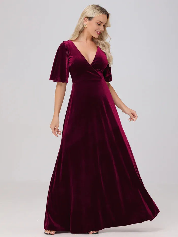 Elegant Burgundy Velvet A-Line Short Sleeve Short Mother of the Bride Dress