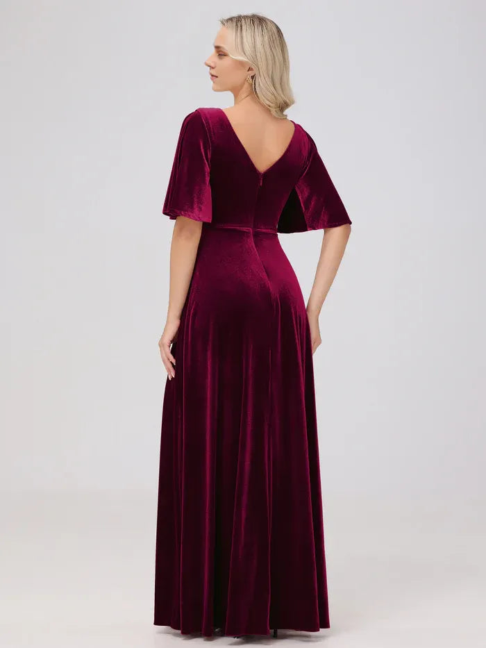 Elegant Burgundy Velvet A-Line Short Sleeve Short Mother of the Bride Dress