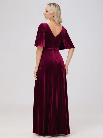 Elegant Burgundy Velvet A-Line Short Sleeve Short Mother of the Bride Dress