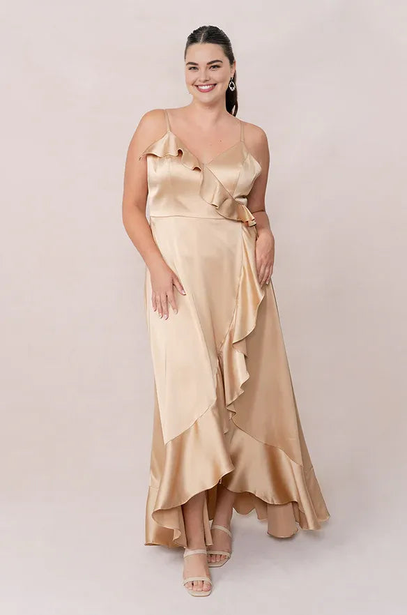 Special Occasion Sophisticated Graceful Elegant Champagne Satin A-Line Sleeveless Floor-Length Prom Dress