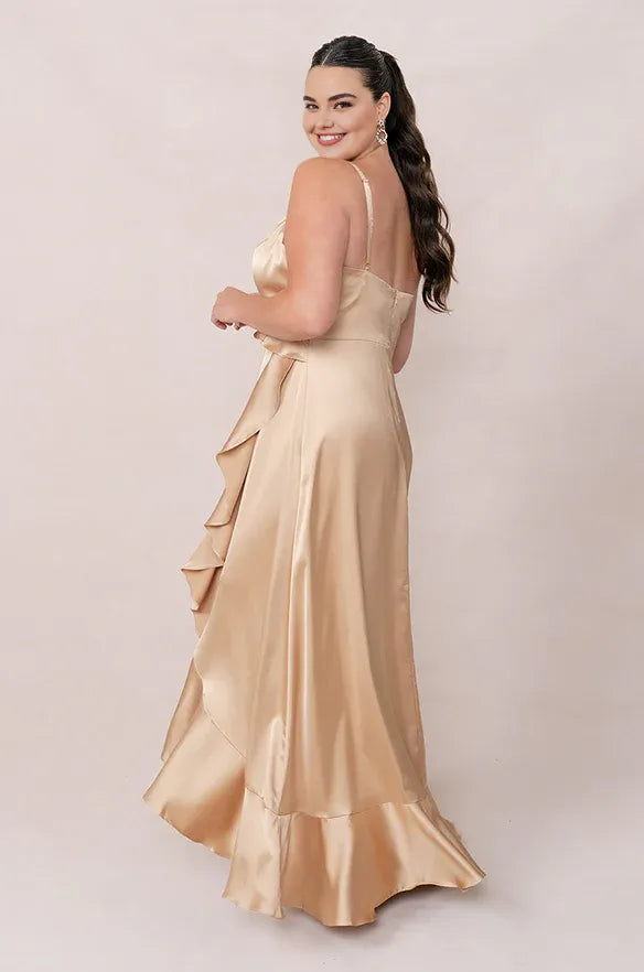 Special Occasion Sophisticated Graceful Elegant Champagne Satin A-Line Sleeveless Floor-Length Prom Dress