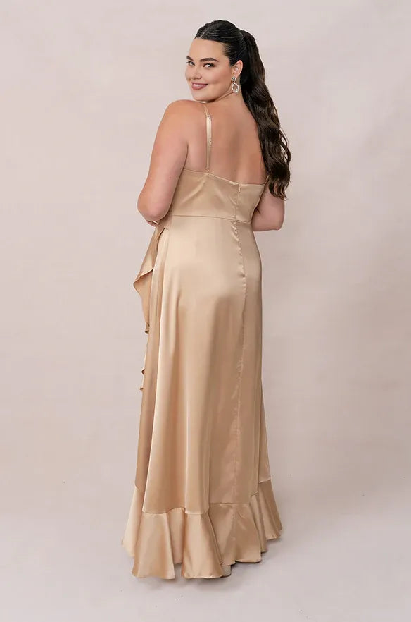 Special Occasion Sophisticated Graceful Elegant Champagne Satin A-Line Sleeveless Floor-Length Prom Dress