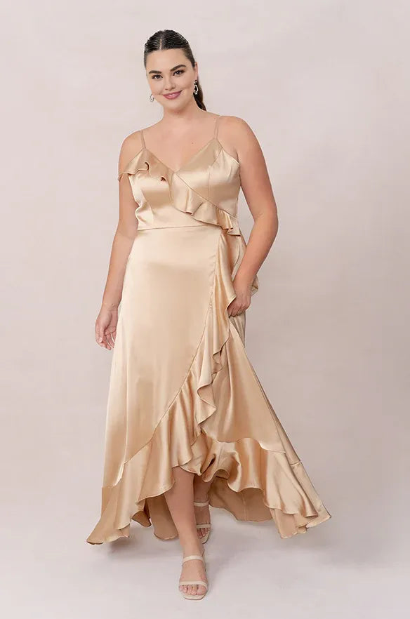 Special Occasion Sophisticated Graceful Elegant Champagne Satin A-Line Sleeveless Floor-Length Prom Dress