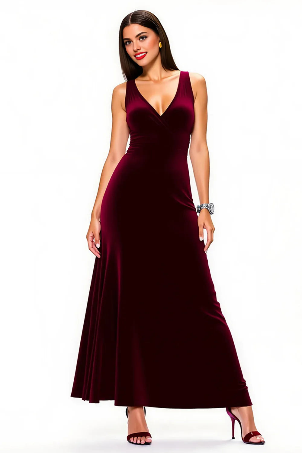 Special Occasion Sophisticated Graceful Stylish Elegant Burgundy Velvet A-Line Sleeveless Floor-Length Prom Dress