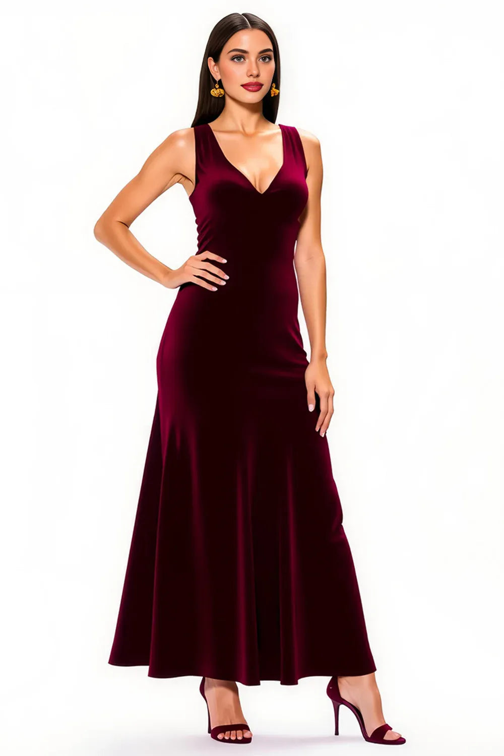 Special Occasion Sophisticated Graceful Stylish Elegant Burgundy Velvet A-Line Sleeveless Floor-Length Prom Dress