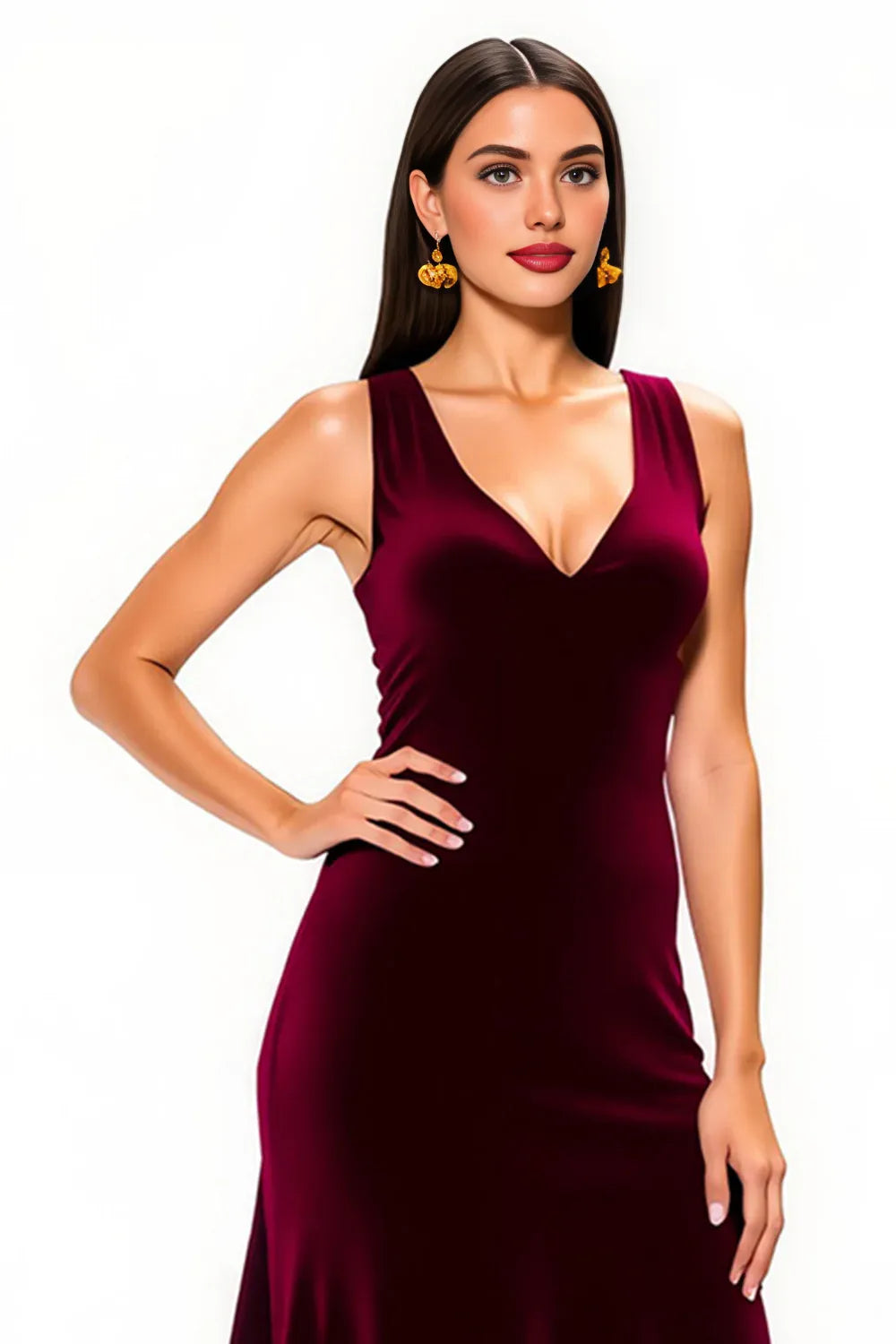 Special Occasion Sophisticated Graceful Stylish Elegant Burgundy Velvet A-Line Sleeveless Floor-Length Prom Dress