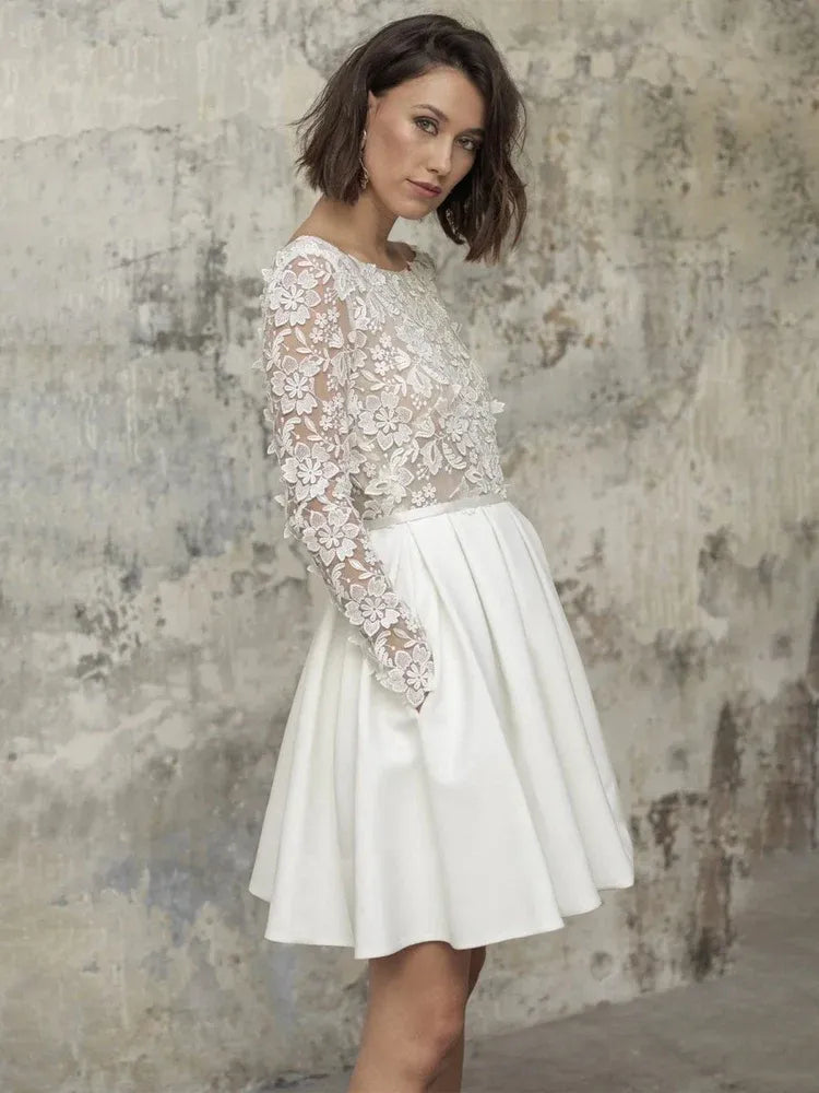 Sophisticated Graceful Stylish Refined Elegant White Lace Long Sleeve Mini Wedding Dress