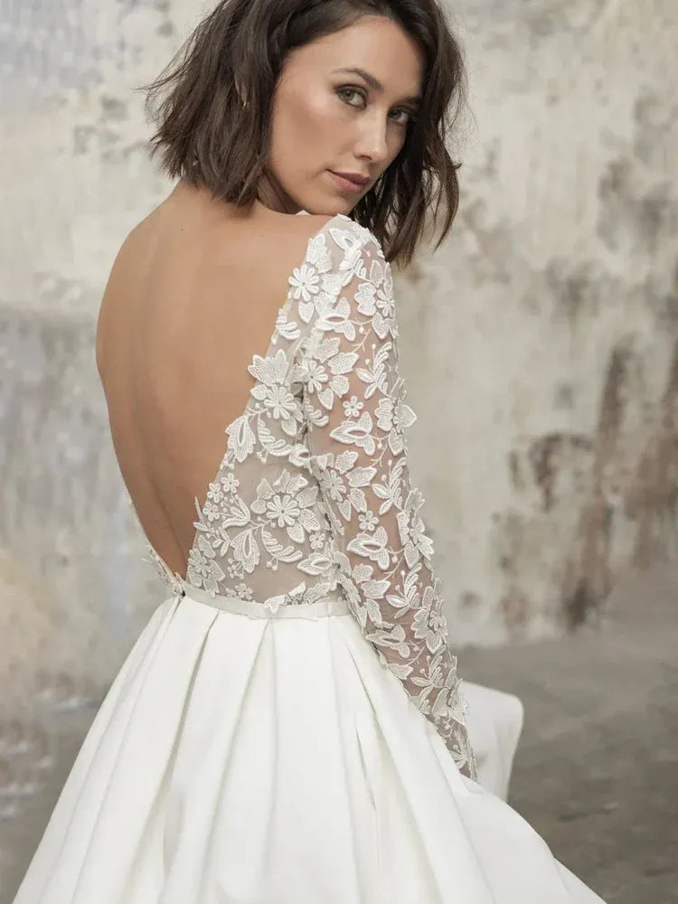 Sophisticated Graceful Stylish Refined Elegant White Lace Long Sleeve Mini Wedding Dress
