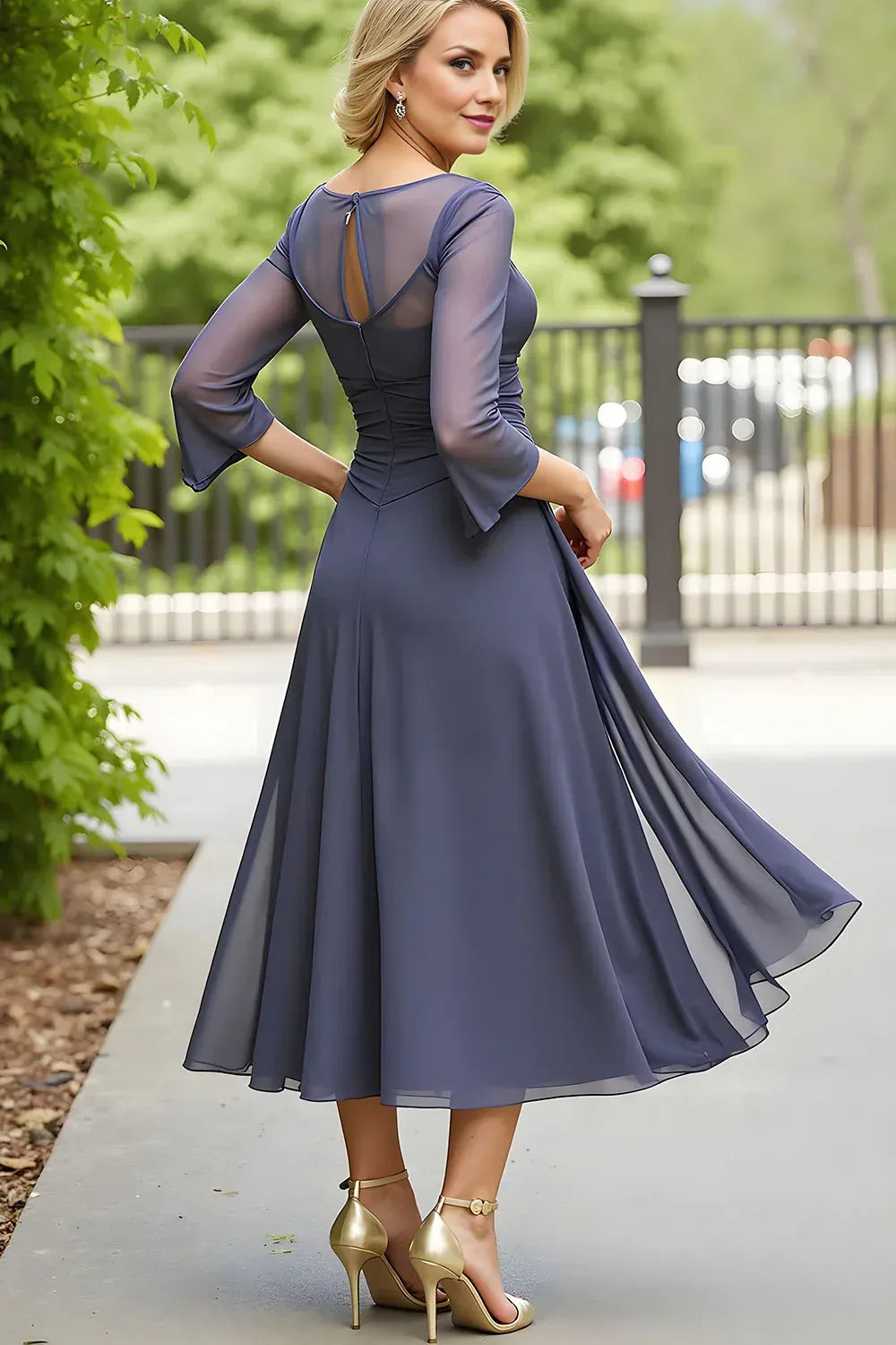 Chic Elegant Blue Chiffon Long Sleeve Tea-Length Mother of the Bride Dress