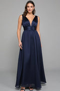 Refined Beautiful Timeless Chic Elegant Navy Blue Satin Sleeveless Floor-Length Prom Dress