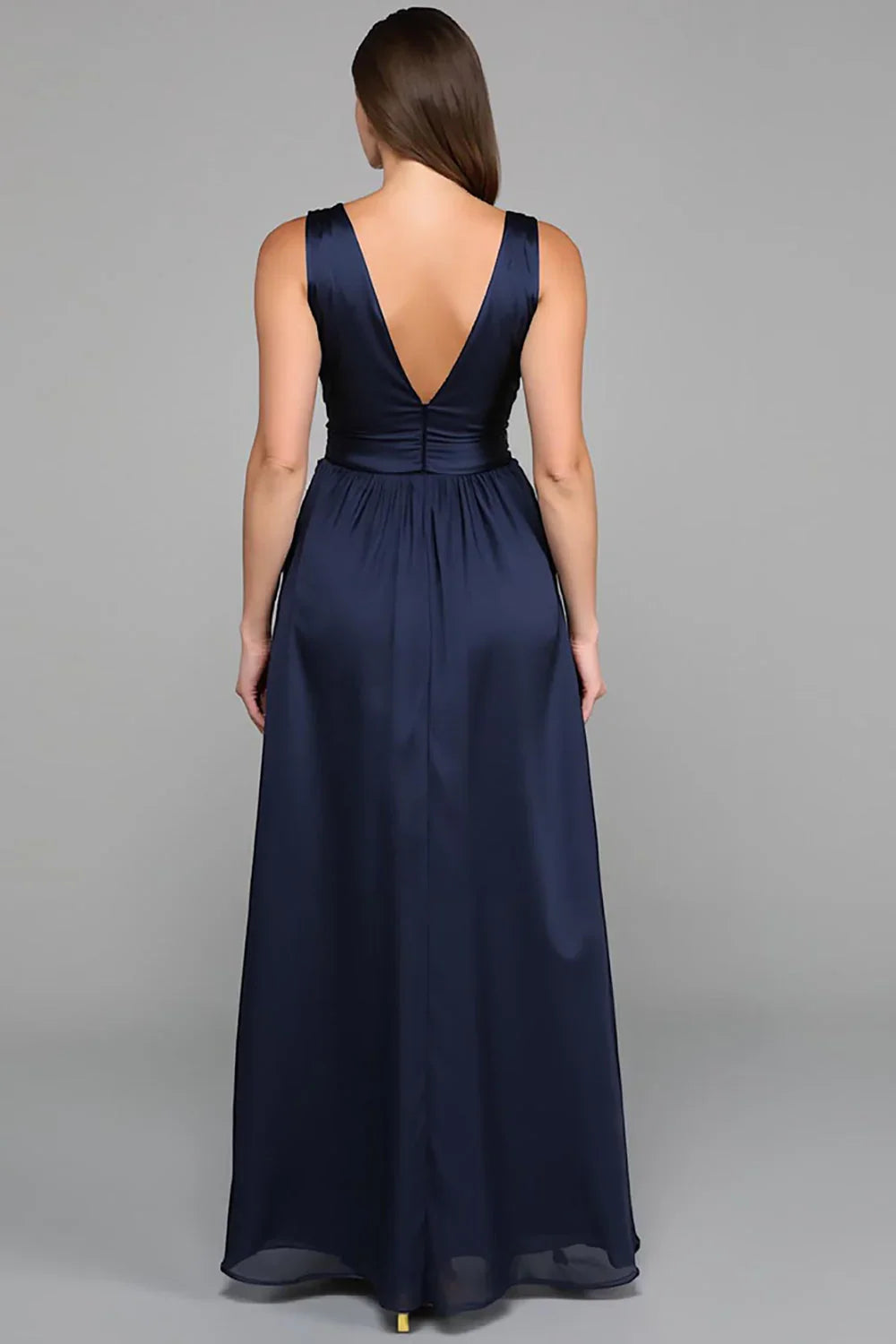 Refined Beautiful Timeless Chic Elegant Navy Blue Satin Sleeveless Floor-Length Prom Dress