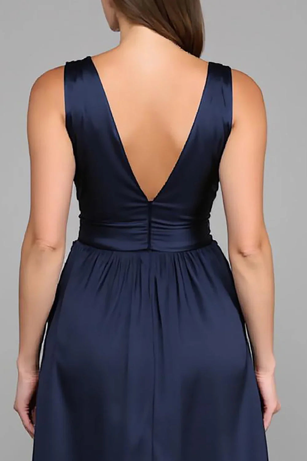 Refined Beautiful Timeless Chic Elegant Navy Blue Satin Sleeveless Floor-Length Prom Dress