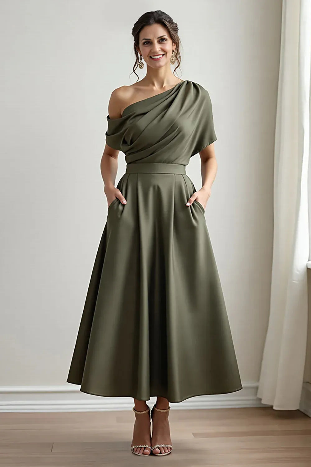 Sophisticated Graceful Elegant Olive Green Satin Sleeveless Mother of the Bride Dress