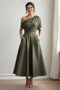 Sophisticated Graceful Elegant Olive Green Satin Sleeveless Mother of the Bride Dress