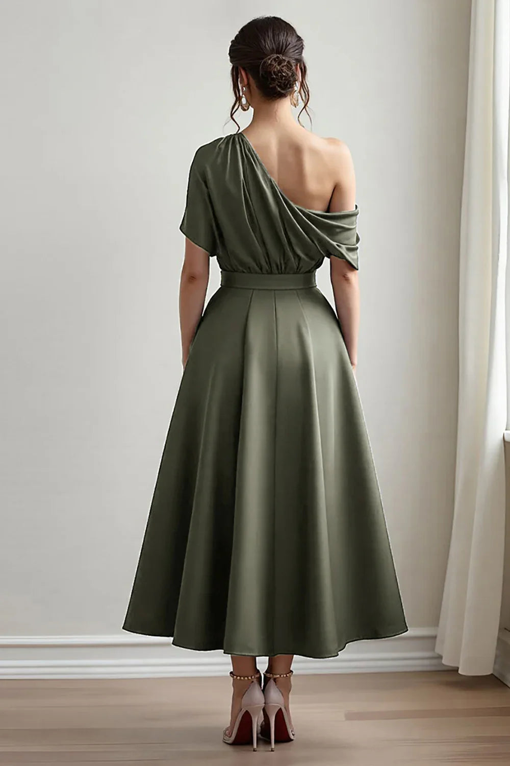 Sophisticated Graceful Elegant Olive Green Satin Sleeveless Mother of the Bride Dress
