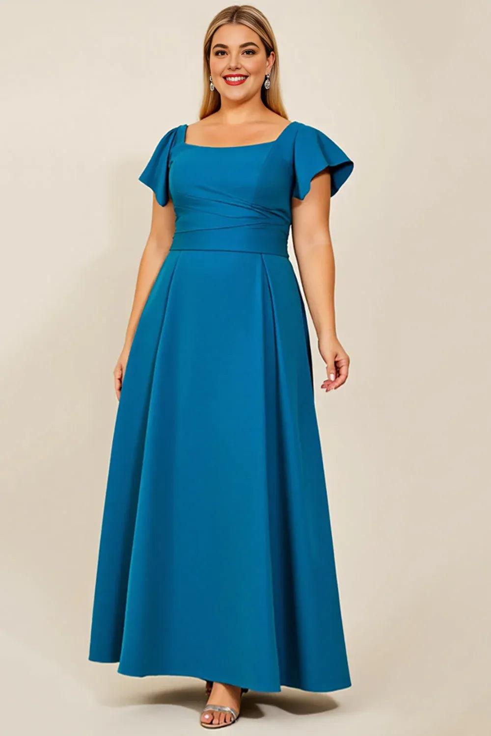 Stylish Elegant Blue Square Neck Backless Floor-Length Mother of the Bride Dress