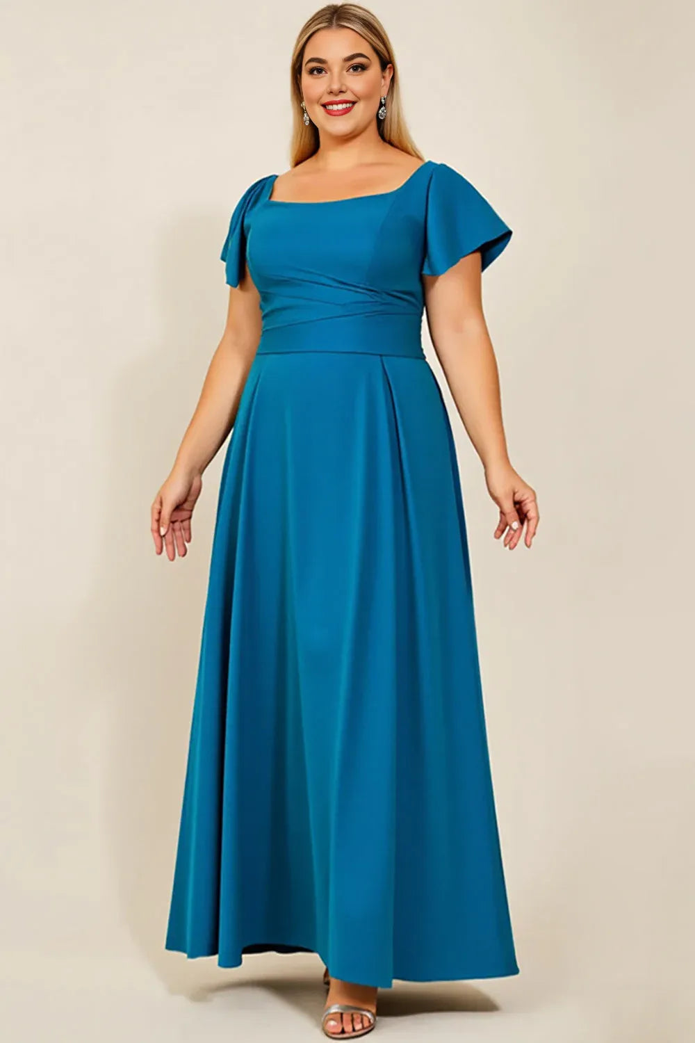 Stylish Elegant Blue Square Neck Backless Floor-Length Mother of the Bride Dress