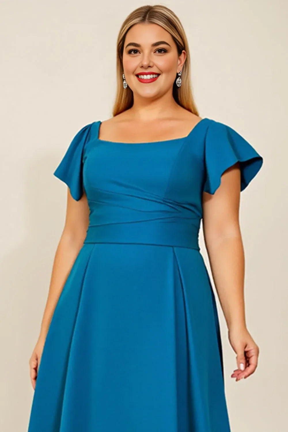 Stylish Elegant Blue Square Neck Backless Floor-Length Mother of the Bride Dress