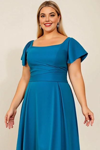 Stylish Elegant Blue Square Neck Backless Floor-Length Mother of the Bride Dress