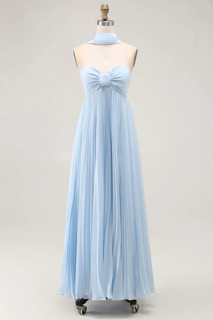 Refined Beautiful Timeless Elegant Sky Blue Chiffon Strapless Sleeveless Floor-Length Prom Dress