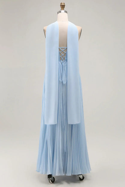Refined Beautiful Timeless Elegant Sky Blue Chiffon Strapless Sleeveless Floor-Length Prom Dress