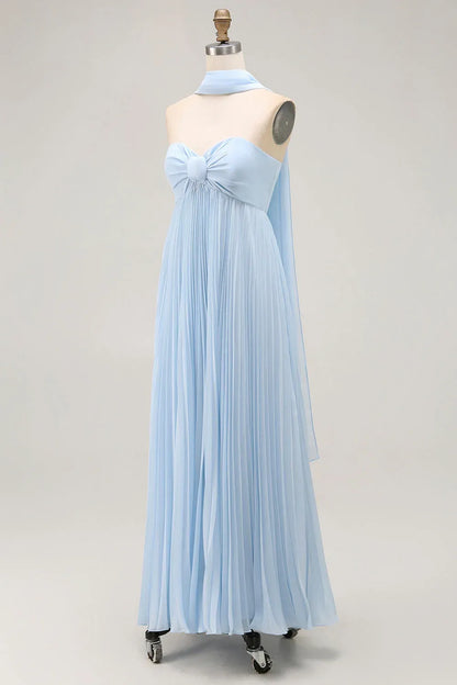 Refined Beautiful Timeless Elegant Sky Blue Chiffon Strapless Sleeveless Floor-Length Prom Dress