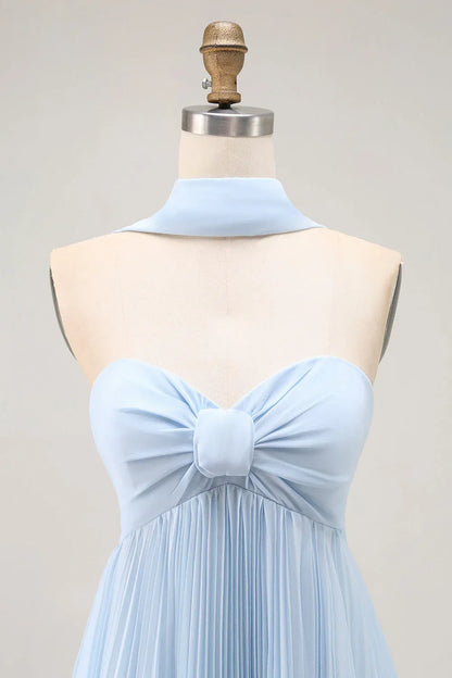 Refined Beautiful Timeless Elegant Sky Blue Chiffon Strapless Sleeveless Floor-Length Prom Dress