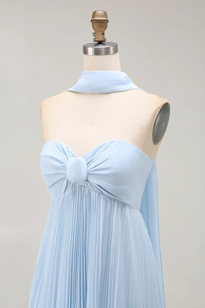 Refined Beautiful Timeless Elegant Sky Blue Chiffon Strapless Sleeveless Floor-Length Prom Dress