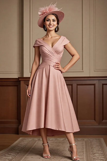 Stylish Refined Elegant Blush Pink V-Neck Tea-Length Mother of the Bride Dress