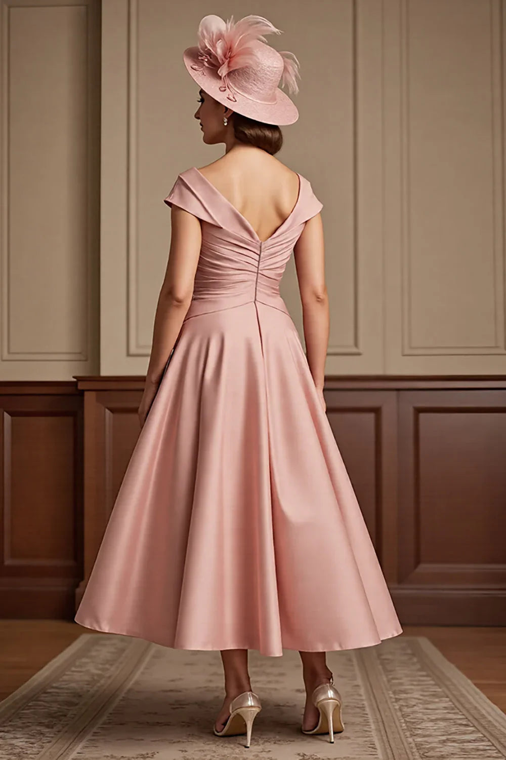 Stylish Refined Elegant Blush Pink V-Neck Tea-Length Mother of the Bride Dress