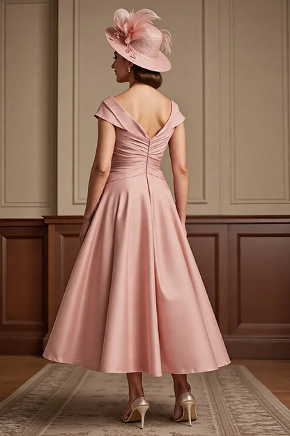 Stylish Refined Elegant Blush Pink V-Neck Tea-Length Mother of the Bride Dress