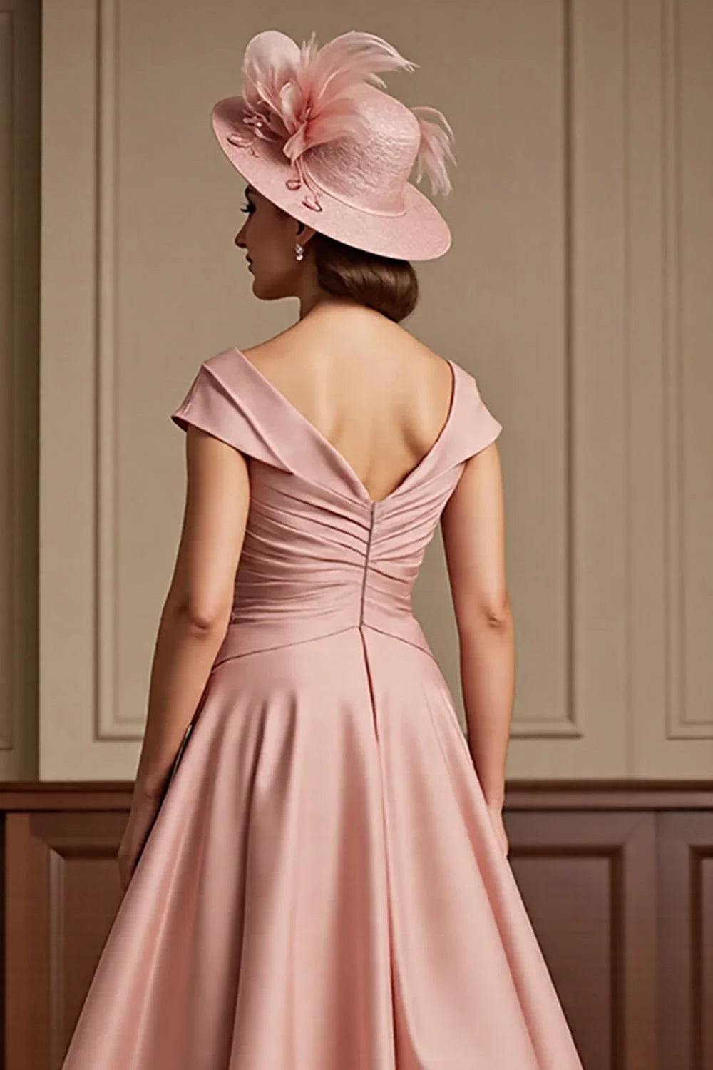 Stylish Refined Elegant Blush Pink V-Neck Tea-Length Mother of the Bride Dress