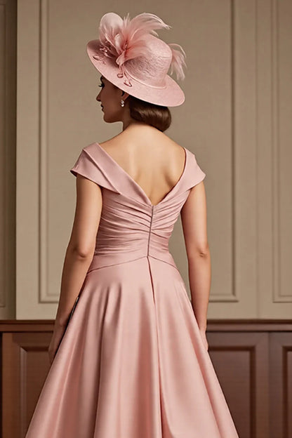 Stylish Refined Elegant Blush Pink V-Neck Tea-Length Mother of the Bride Dress