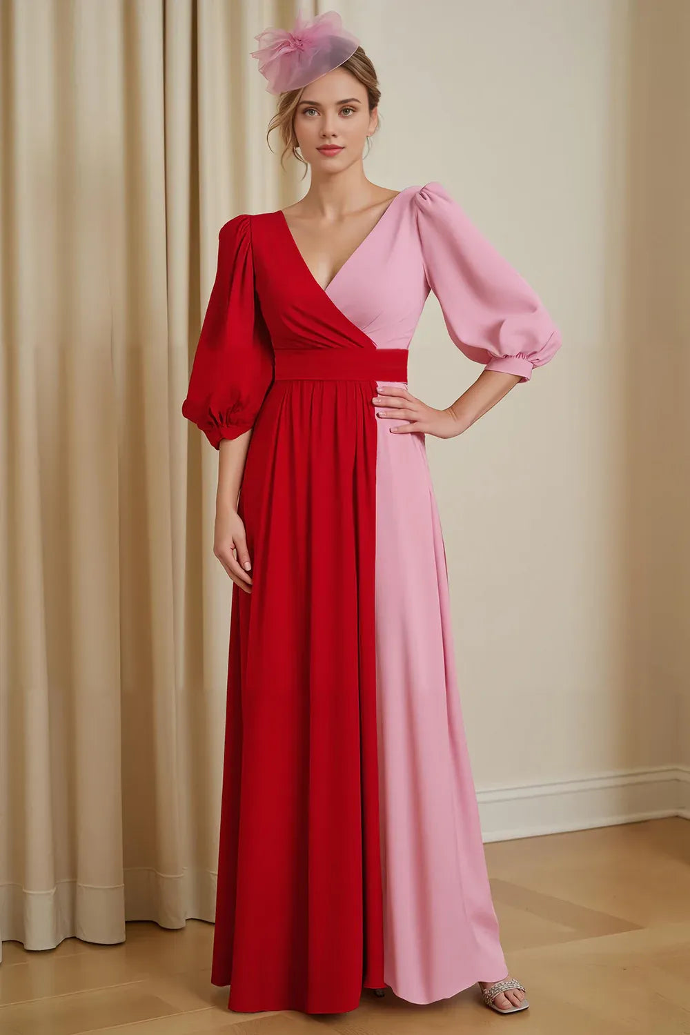 Timeless Elegant Red V-Neck Long Sleeve Floor-Length Mother of the Bride Dress