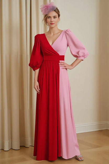 Timeless Elegant Red V-Neck Long Sleeve Floor-Length Mother of the Bride Dress