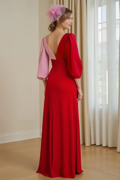 Timeless Elegant Red V-Neck Long Sleeve Floor-Length Mother of the Bride Dress