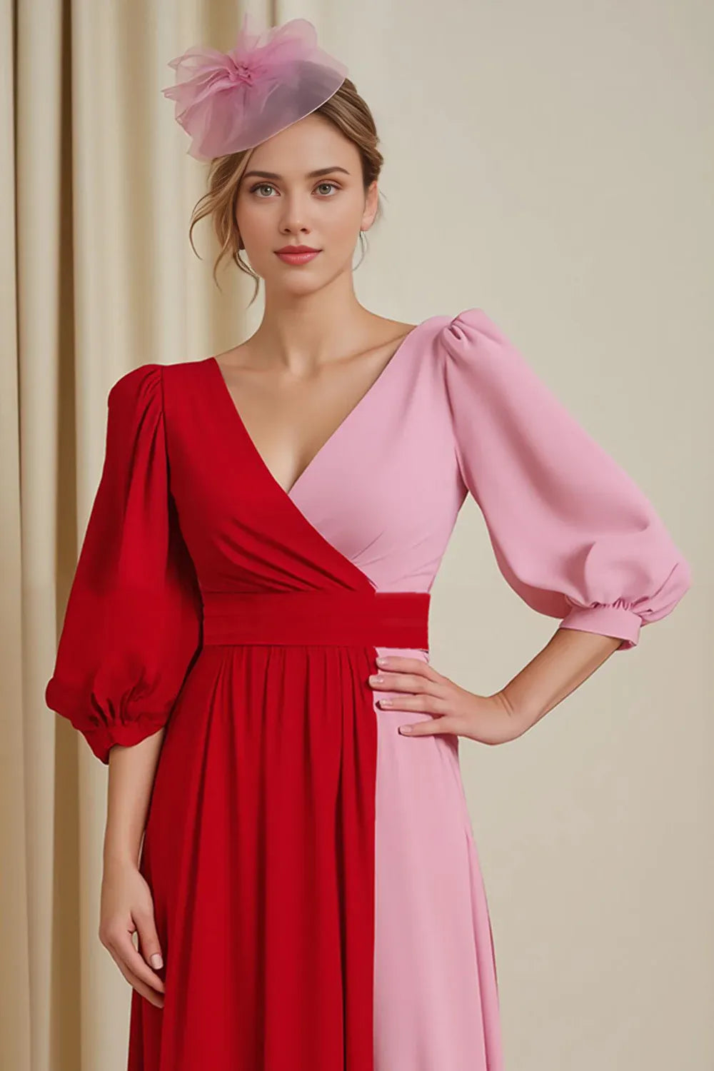 Timeless Elegant Red V-Neck Long Sleeve Floor-Length Mother of the Bride Dress