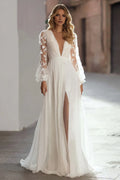 Refined Beautiful Timeless Elegant Ivory Lace V-Neck Long Sleeve Long Wedding Dress